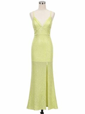 Line & Dot Sequin Maxi Gown Plunge V Neck Slit Spaghetti Strap Lime Green XS NEW
